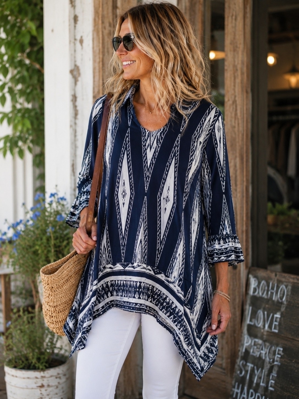 JODIFL Navy and White Aztec V-Neck Tunic